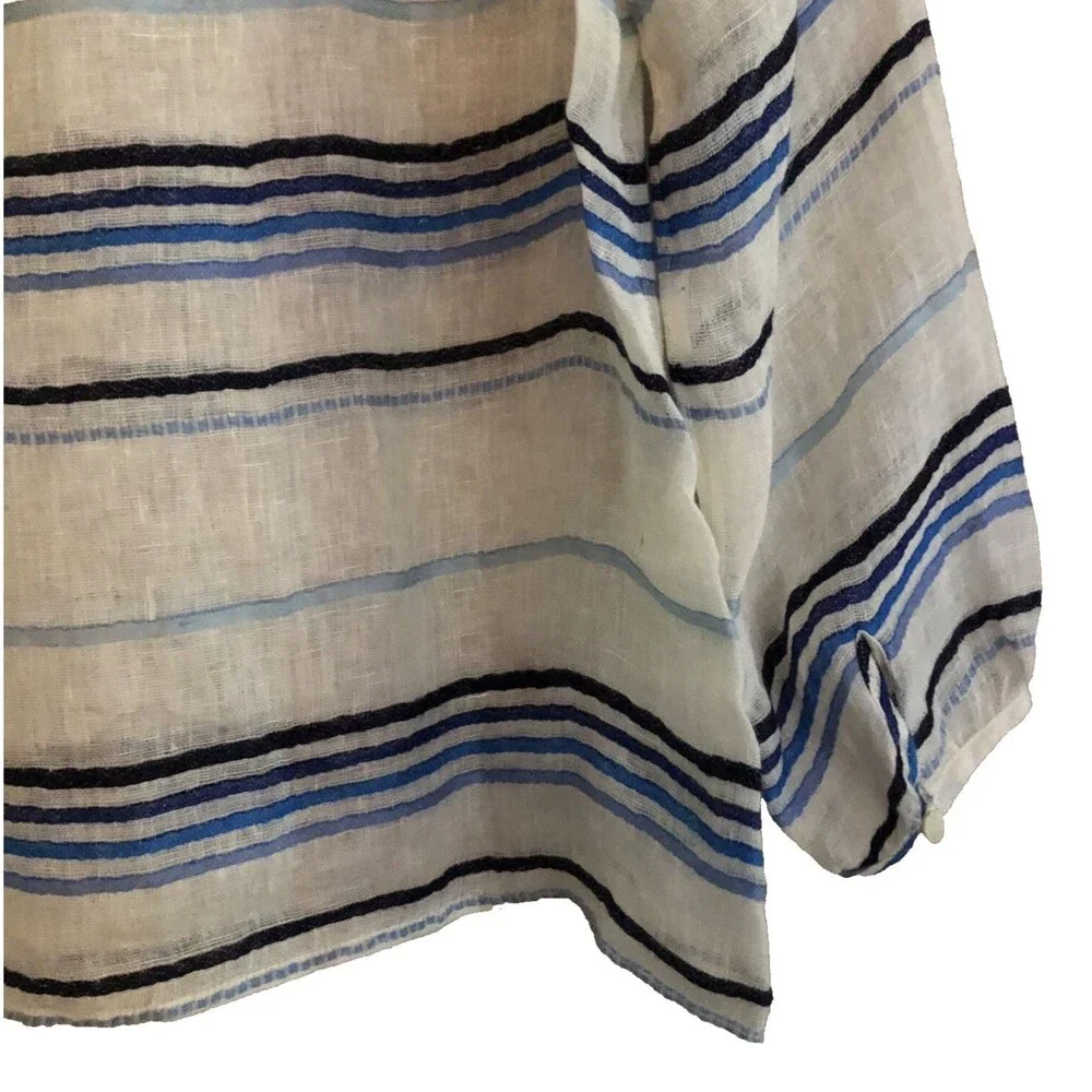 J Crew 100% Linen Peasant Blouse Womens Sz S Sheer Indigo Striped Coastal Beach